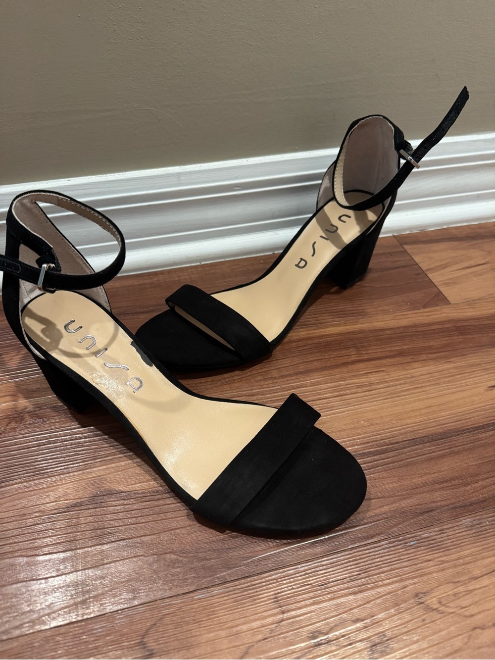 Unisa Black Suede Open-Toe Block Heel Sandals with Ankle Strap